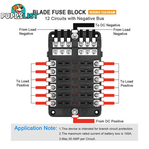 12 Fuse Block with LED Indicator and 24 fuses, 12 volt, 31pc,  2 x Label Sheet SKU - BB-202-12KWN