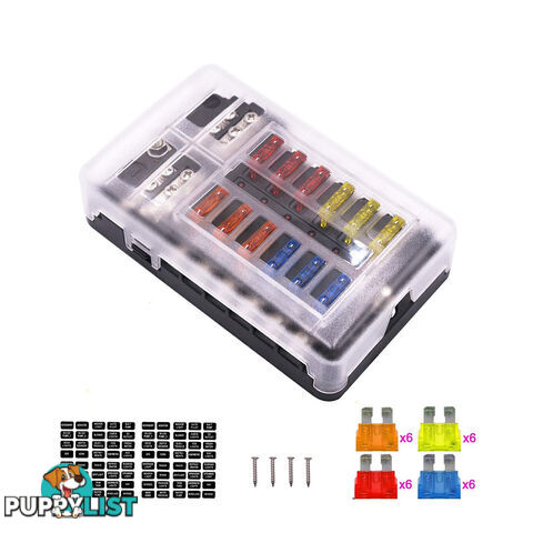 12 Fuse Block with LED Indicator and 24 fuses, 12 volt, 31pc,  2 x Label Sheet SKU - BB-202-12KWN