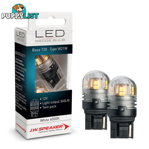 JW Speaker LED W21W Bulb 12/24v T20 Wedge Base White Light Twin Pack SKU - 990124