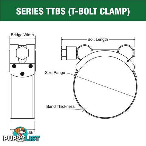 Tridon T-Bolt Hose Clamp 44mm â 47mm All Stainless Solid Band 10pk SKU - TTBS44-47P