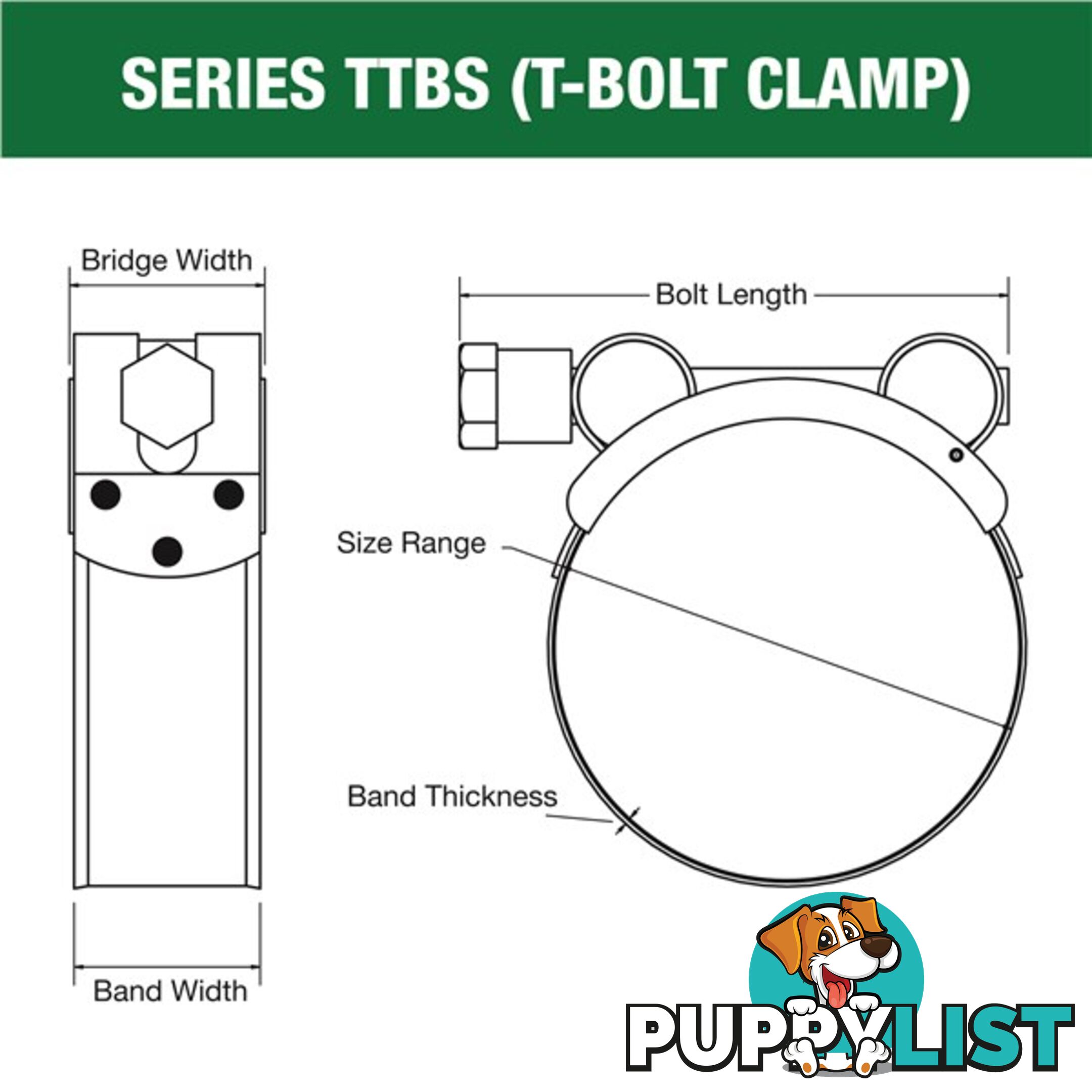 Tridon T-Bolt Hose Clamp 44mm â 47mm All Stainless Solid Band 10pk SKU - TTBS44-47P