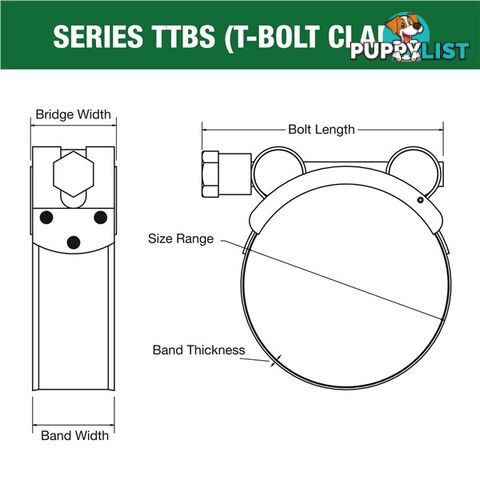 Tridon T-Bolt Hose Clamp 44mm â 47mm All Stainless Solid Band 10pk SKU - TTBS44-47P