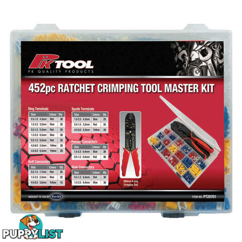 Mixed Crimp Terminal Kit  with Ratchet Crimping Plier and Wire Stripper 450pc SKU - PT20701