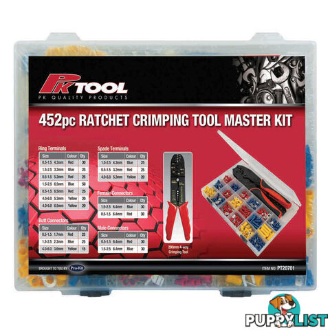 Mixed Crimp Terminal Kit  with Ratchet Crimping Plier and Wire Stripper 450pc SKU - PT20701