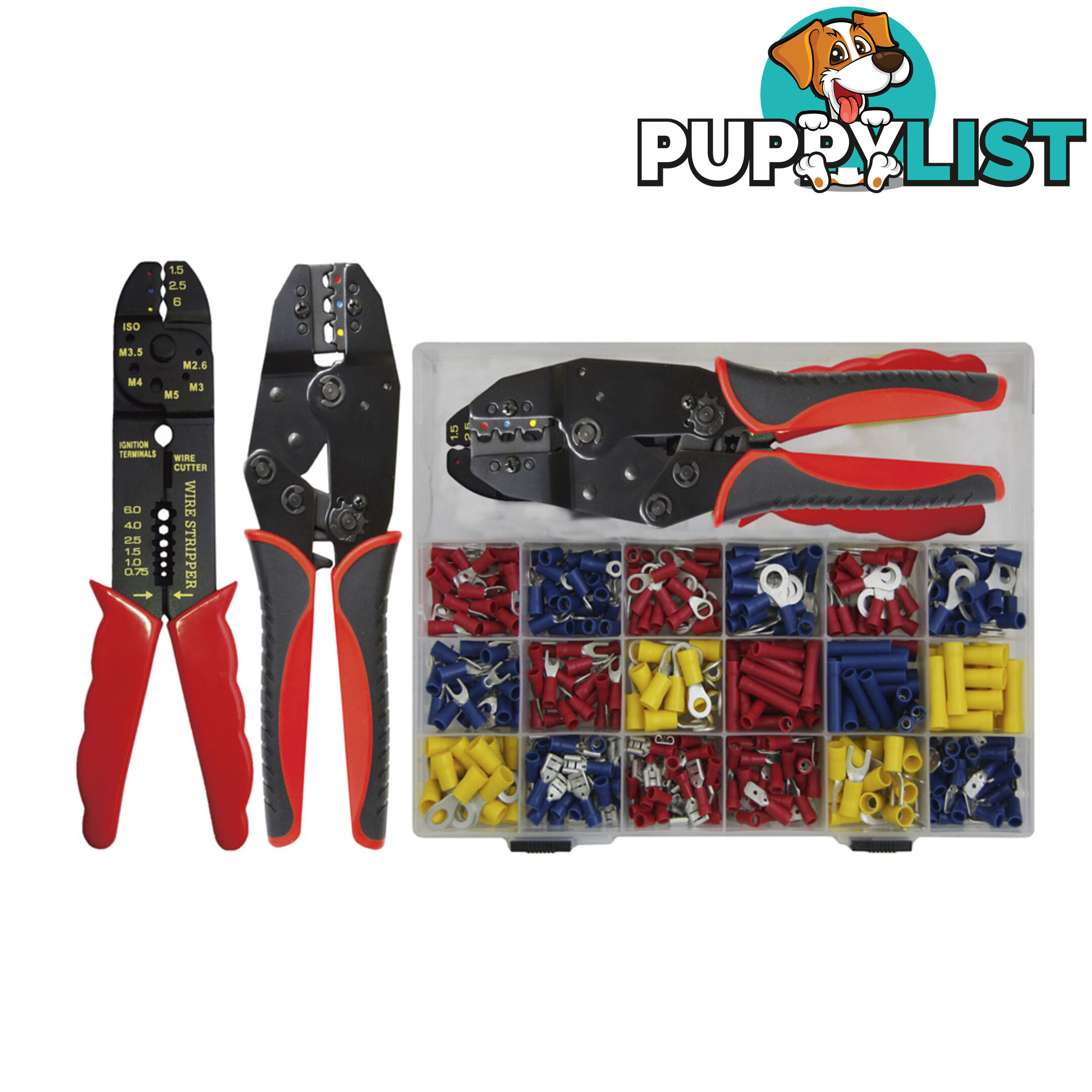 Mixed Crimp Terminal Kit  with Ratchet Crimping Plier and Wire Stripper 450pc SKU - PT20701