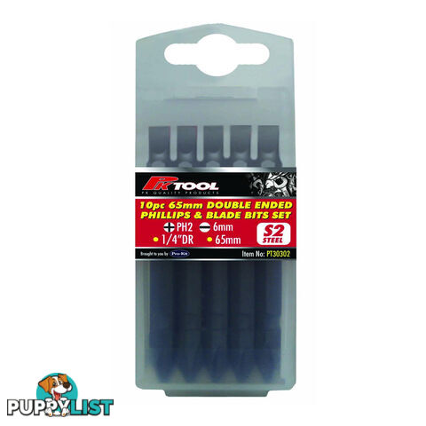 PK Tools Screwdriver Bits Phillips Flat Double Ended 10pc 1/4 " Hex 65mm SKU - PT30302