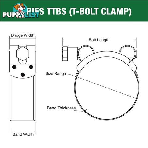 Tridon T-Bolt Hose Clamp 140mm â 148mm All Stainless Solid Band 10pk SKU - TTBS140-148P