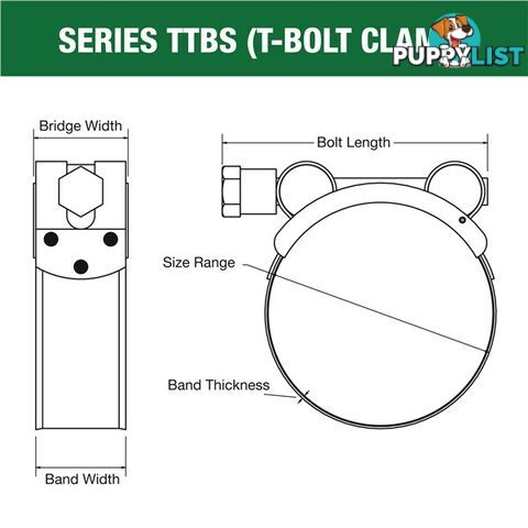 Tridon T-Bolt Hose Clamp 140mm â 148mm All Stainless Solid Band 10pk SKU - TTBS140-148P