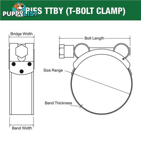 Tridon T-Bolt Hose Clamp 89mm â 94mm Part Stainless Solid Band 10pk SKU - TTBY89-94P