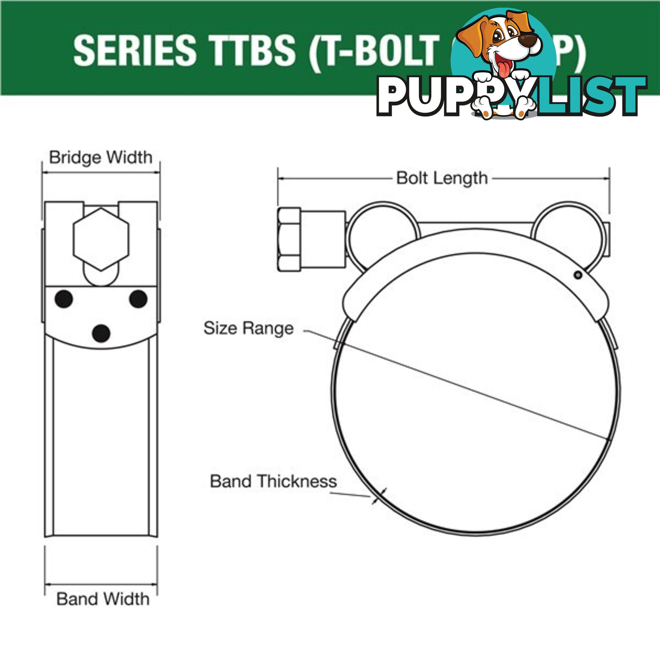 Tridon T-Bolt Hose Clamp 175mm â 187mm All Stainless Solid Band 5pk SKU - TTBS175-187P