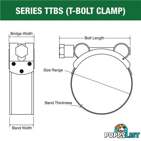 Tridon T-Bolt Hose Clamp 175mm â 187mm All Stainless Solid Band 5pk SKU - TTBS175-187P