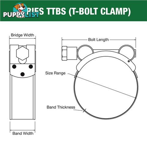 Tridon T-Bolt Hose Clamp 175mm â 187mm All Stainless Solid Band 5pk SKU - TTBS175-187P