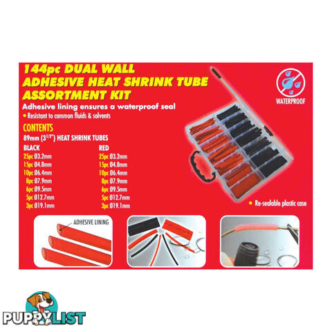 Heat Shrink Tube Adhesive Lined 144pc Assorted Sizes Waterproof Seal 2:1 Ratio SKU - PT91521