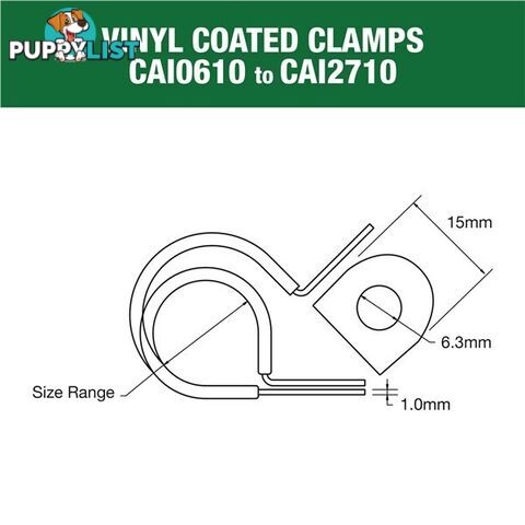 Vinyl Coated Hose   Cable Clamp 25mm (1?) Dia 15mm Band 6.3mm Hole 10pk SKU - CAI2510P