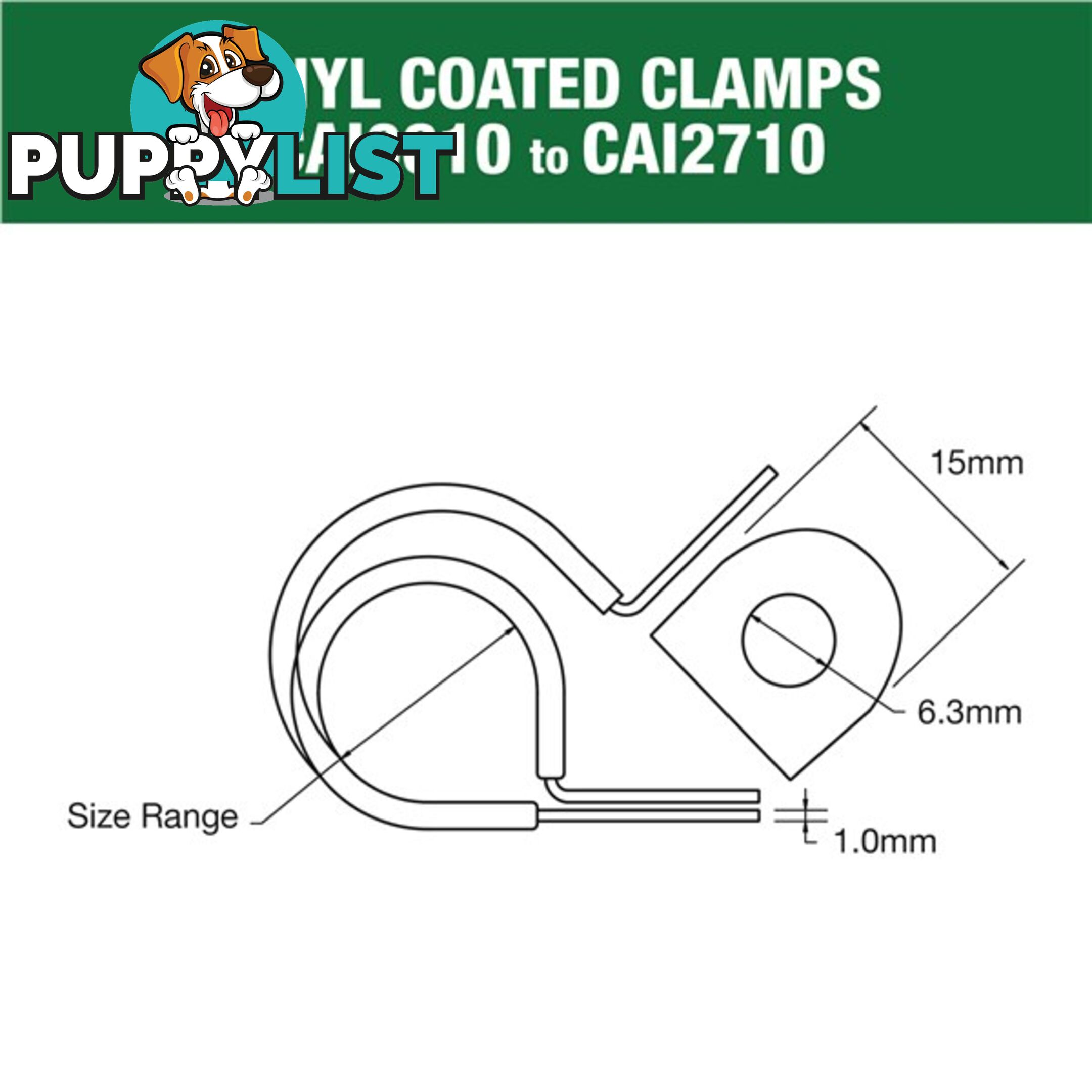 Vinyl Coated Hose   Cable Clamp 25mm (1?) Dia 15mm Band 6.3mm Hole 10pk SKU - CAI2510P