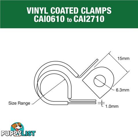 Vinyl Coated Hose   Cable Clamp 25mm (1?) Dia 15mm Band 6.3mm Hole 10pk SKU - CAI2510P