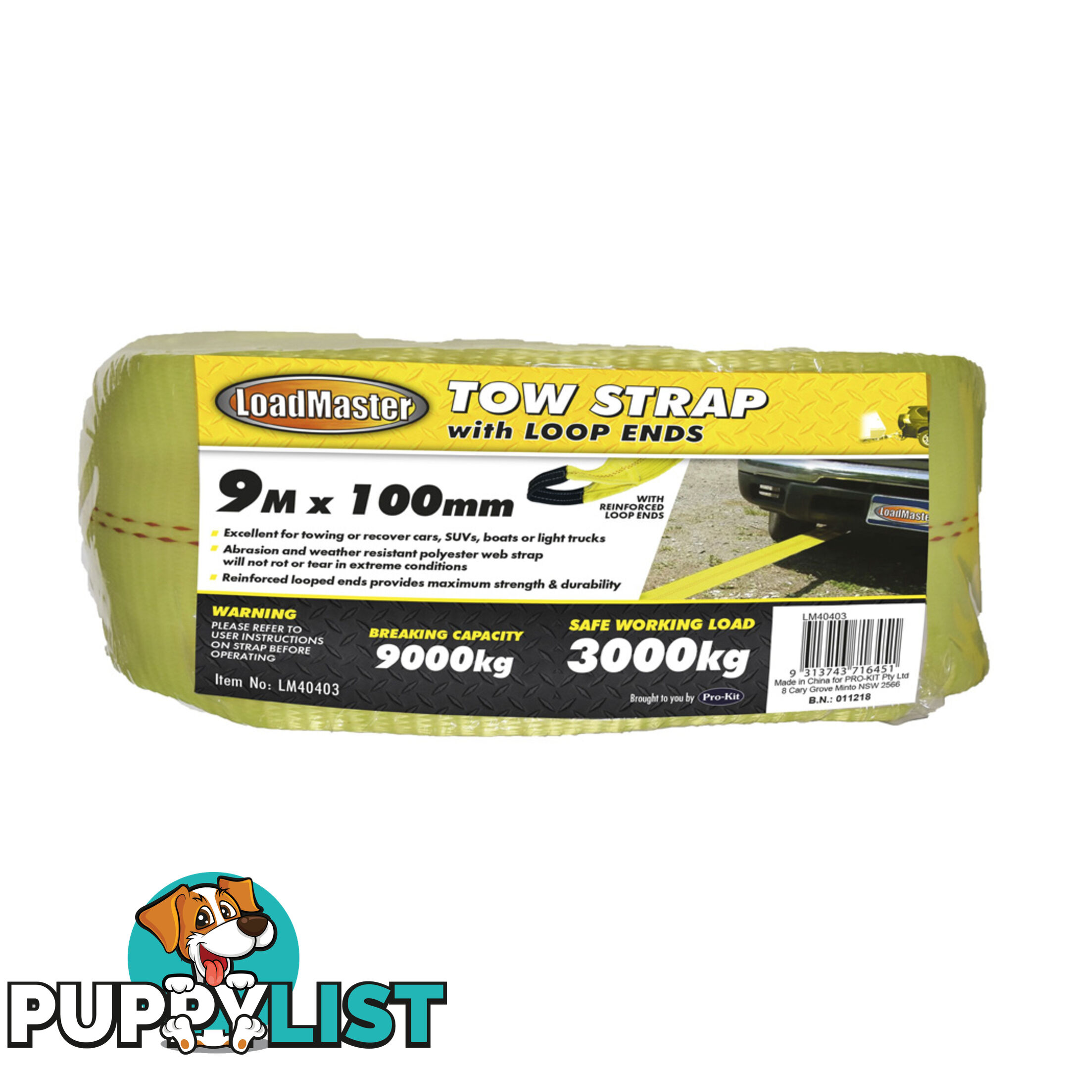 PK Tool Tow Strap 9m x 100mm 3000kg SWL 9000kg Breaking Capacity SKU - LM40403