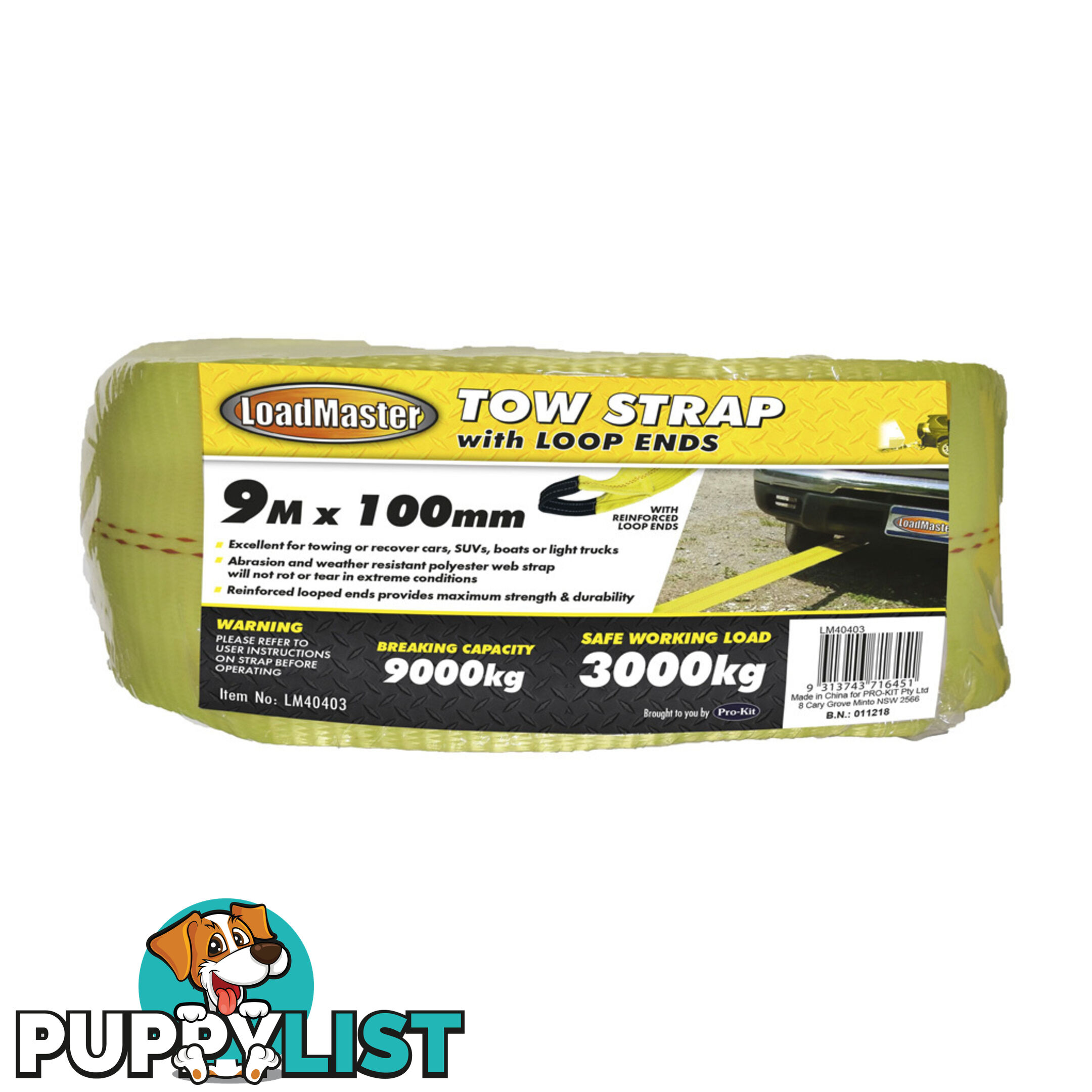 PK Tool Tow Strap 9m x 100mm 3000kg SWL 9000kg Breaking Capacity SKU - LM40403