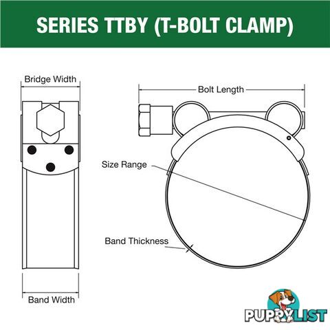 Tridon T-Bolt Hose Clamp 62mm â 65mm Part Stainless Solid Band 10pk SKU - TTBY62-65P