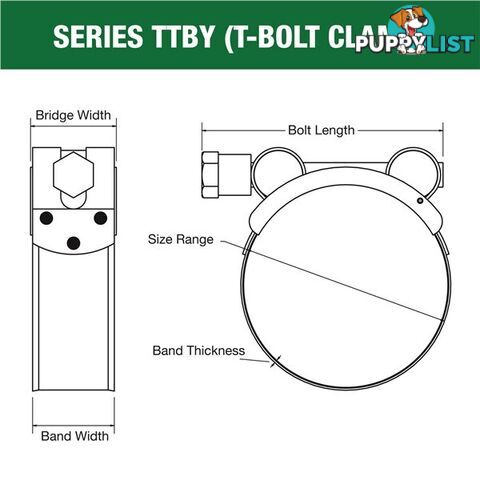 Tridon T-Bolt Hose Clamp 62mm â 65mm Part Stainless Solid Band 10pk SKU - TTBY62-65P