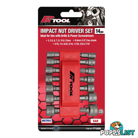 PK Tools Impact Nut Driver Set 14pc  5mm (3/16 ")  - 12mm (7/16 ") SKU - PT10808