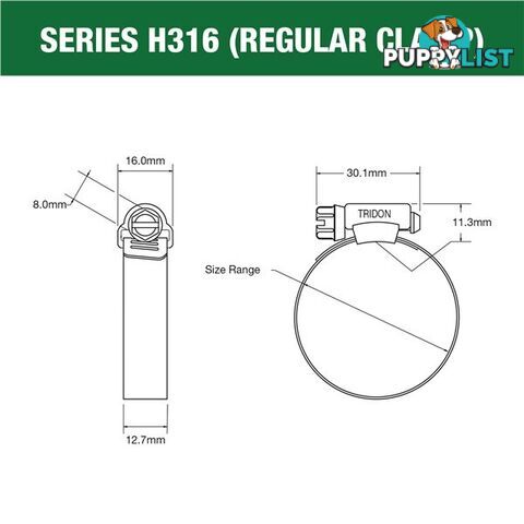 Tridon Full 316 S. Steel Hose Clamp 21mm â38mm 10pk SKU - H316-016P