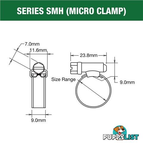 Tridon Hose Clamp 11mm â 22mm Micro (8mm wide) Solid Band Part Stainless 10pk SKU - SMH006P