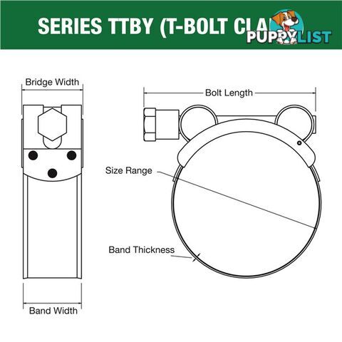 Tridon T-Bolt Hose Clamp 64mm â 67mm Part Stainless Solid Band 10pk SKU - TTBY64-67P