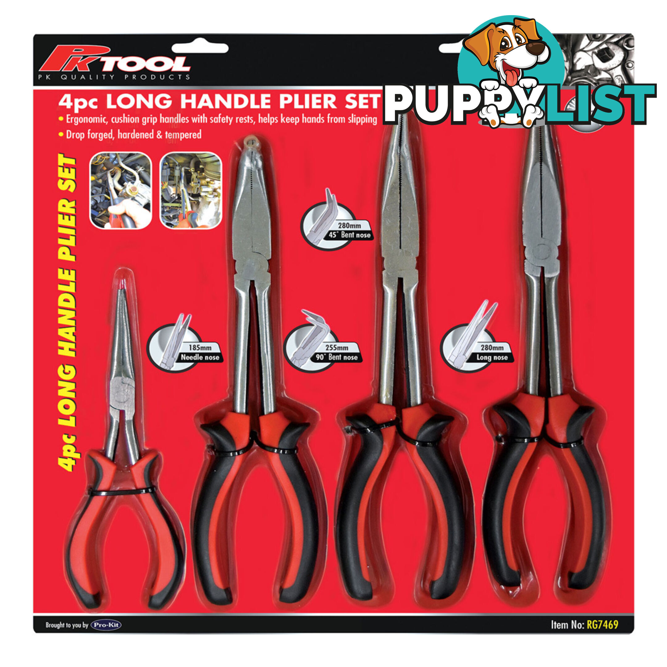 PK Tools Long Nose Pliers 4pc Set. Straight x 180mm, 280mm, 45° x 280mm, 90° x 280mm SKU - RG7469