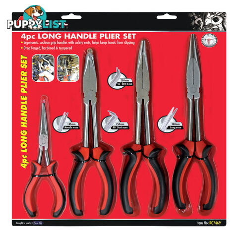 PK Tools Long Nose Pliers 4pc Set. Straight x 180mm, 280mm, 45Â° x 280mm, 90Â° x 280mm SKU - RG7469