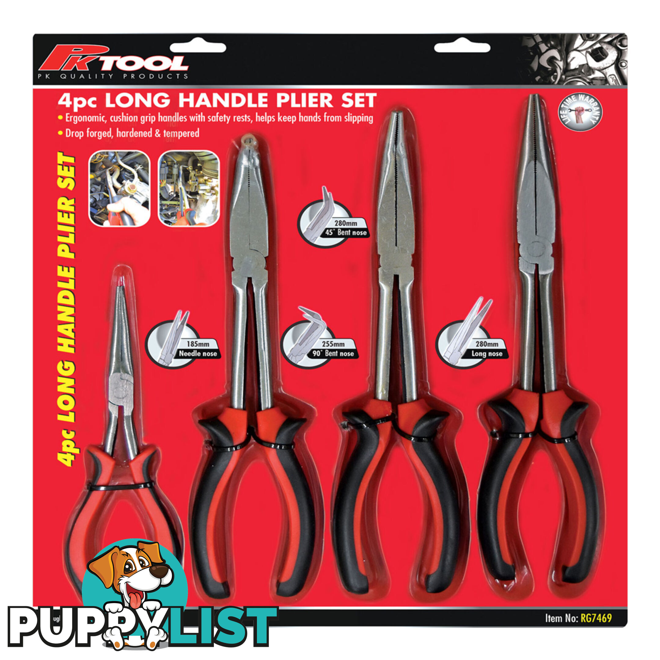 PK Tools Long Nose Pliers 4pc Set. Straight x 180mm, 280mm, 45° x 280mm, 90° x 280mm SKU - RG7469