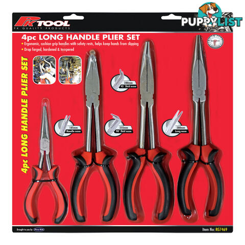 PK Tools Long Nose Pliers 4pc Set. Straight x 180mm, 280mm, 45° x 280mm, 90° x 280mm SKU - RG7469