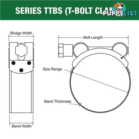 Tridon T-Bolt Hose Clamp 117mm â 125mm All Stainless Solid Band 10pk SKU - TTBS117-125P