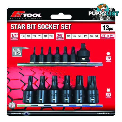 PK Tools Star Bits Socket 13pc Set Cr-V with Cr-Mo Tips SKU - PT10301