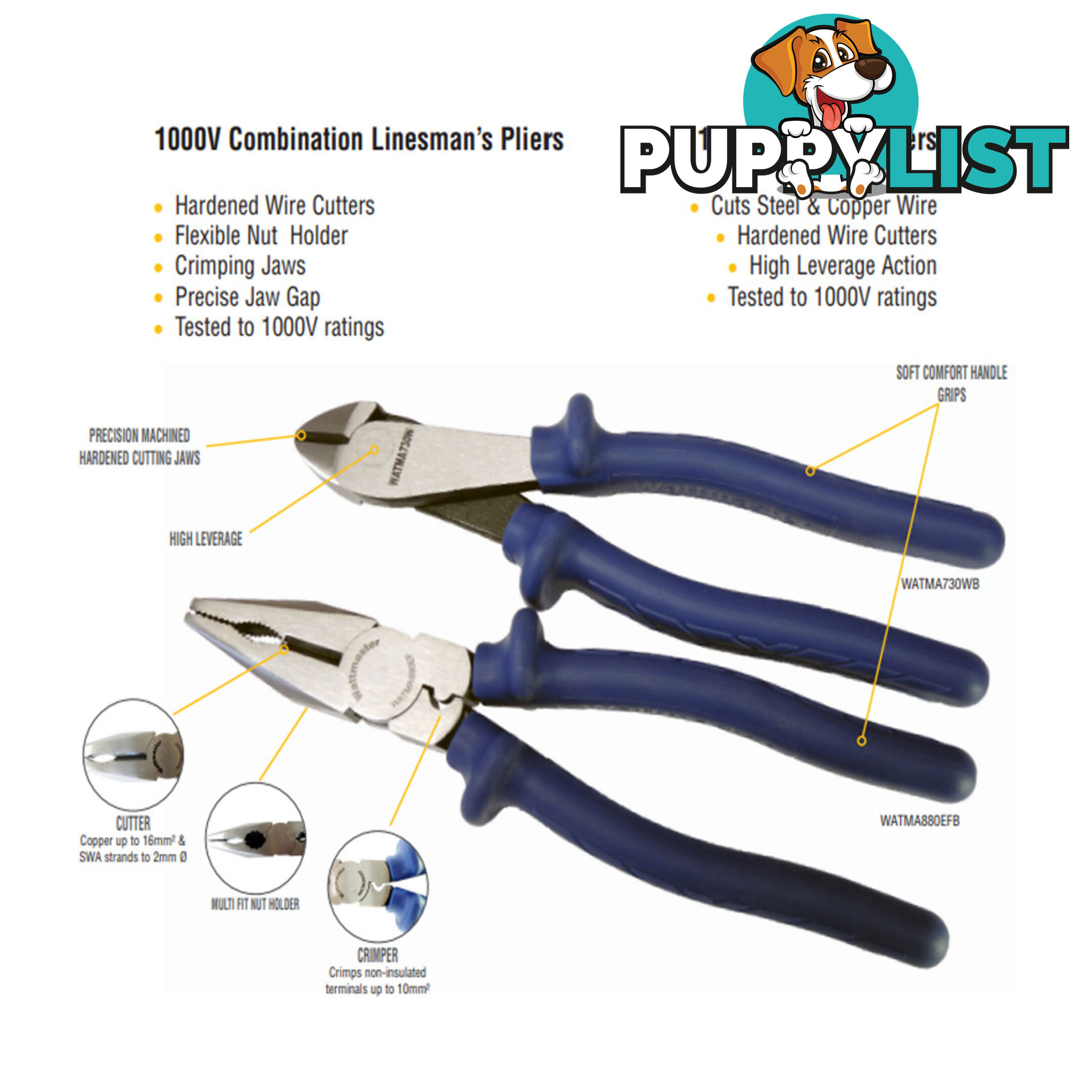 Wattmaster 1000v Combination Plier and Nipper Twin Pack SKU - WATMATWINPACK-B