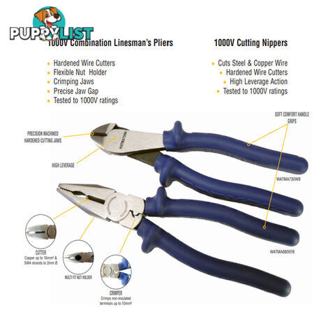 Wattmaster 1000v Combination Plier and Nipper Twin Pack SKU - WATMATWINPACK-B