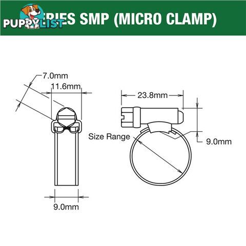 Tridon Hose Clamp 9.5mm â 12mm Micro (8mm wide) Solid Band Part Stainless 10pk SKU - SMP000P