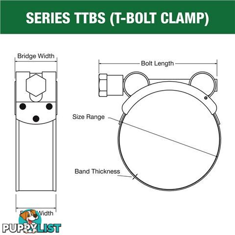 Tridon T-Bolt Hose Clamp 162mm â 174mm All Stainless Solid Band 5pk SKU - TTBS162-174P