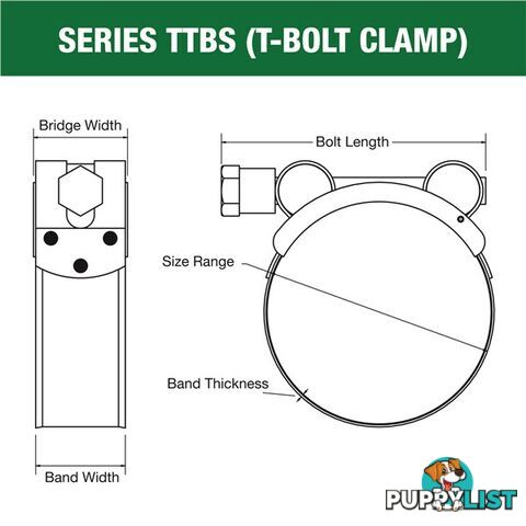 Tridon T-Bolt Hose Clamp 162mm â 174mm All Stainless Solid Band 5pk SKU - TTBS162-174P