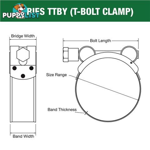 Tridon T-Bolt Hose Clamp 54mm â 57mm Part Stainless Solid Band 10pk SKU - TTBY54-57P