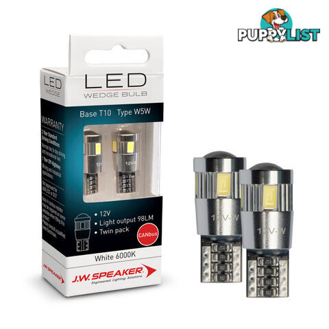 JW Speaker LED 12v Bulb Wedge Base White Light Twin Pack SKU - 990114