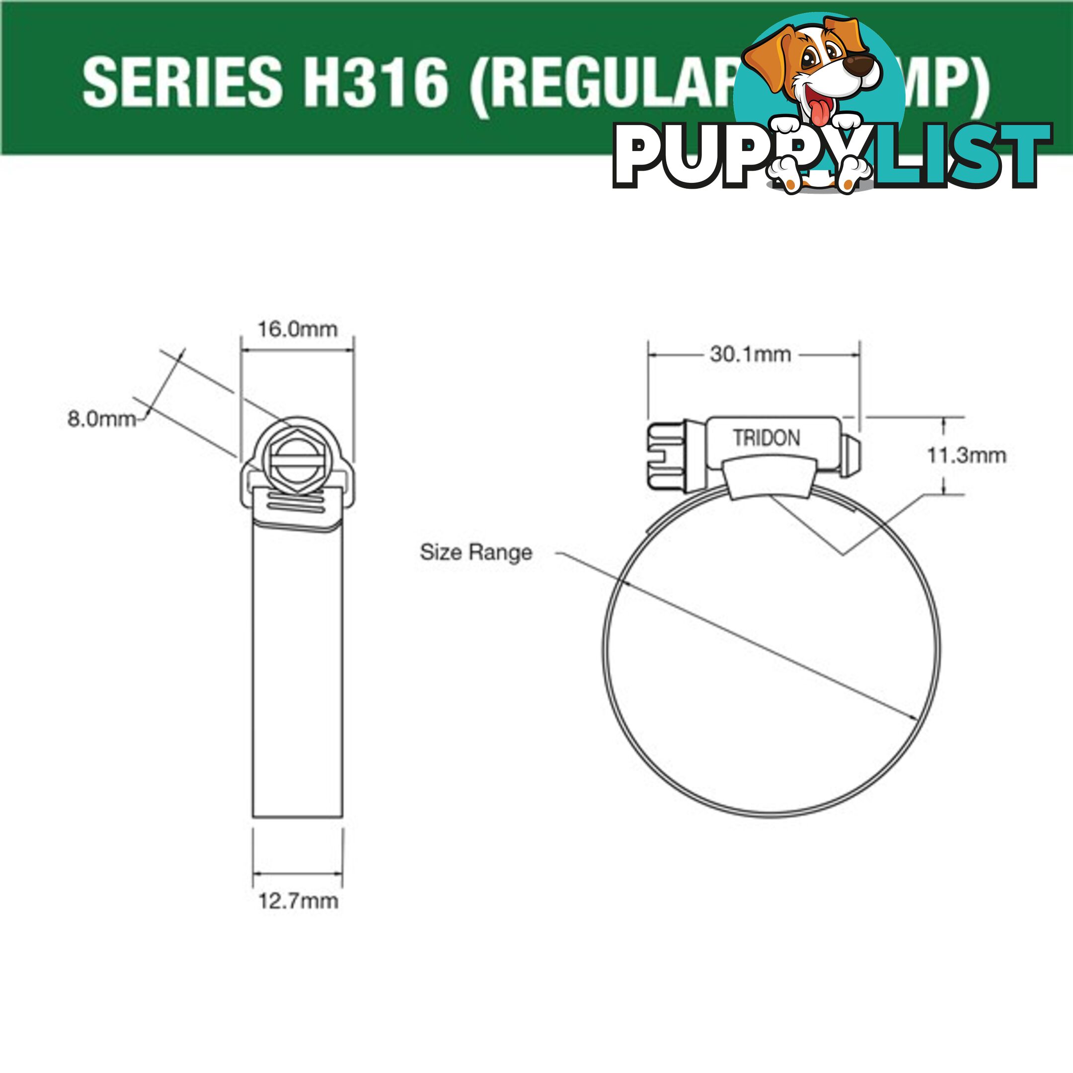 Tridon Full 316 S. Steel Hose Clamp 21mm â 44mm 10pk SKU - H316-020P