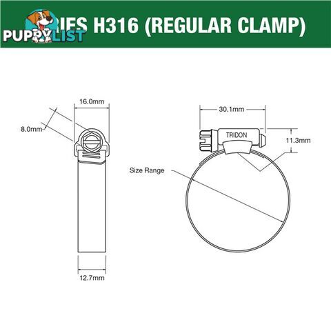 Tridon Full 316 S. Steel Hose Clamp 21mm â 44mm 10pk SKU - H316-020P