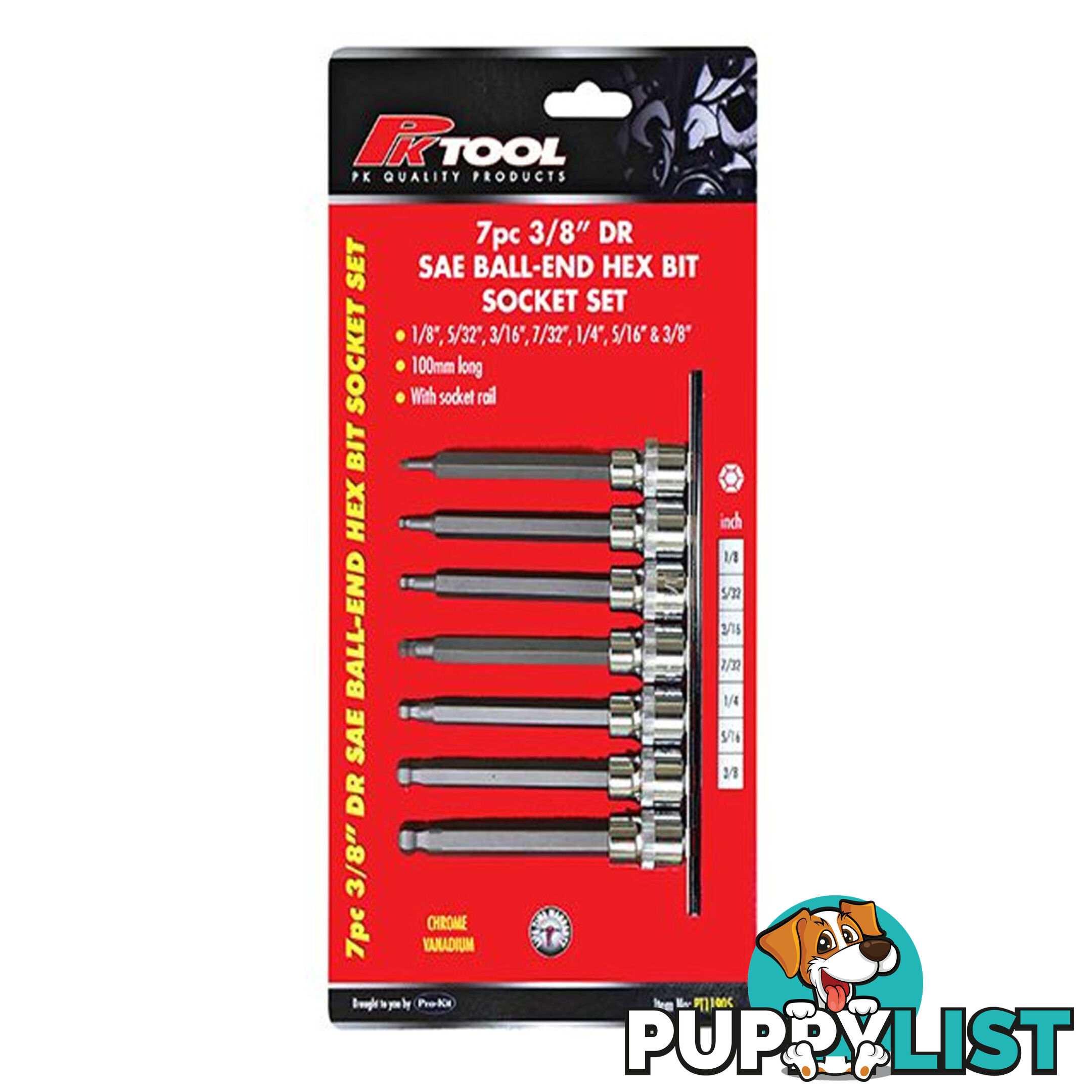 PK Tools 3/8 "dr  Ball End Hex Bit SAE Socket 7pc Set SKU - PT11905