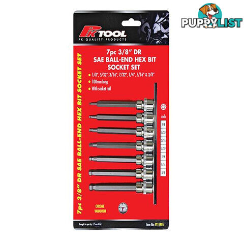 PK Tools 3/8 "dr  Ball End Hex Bit SAE Socket 7pc Set SKU - PT11905