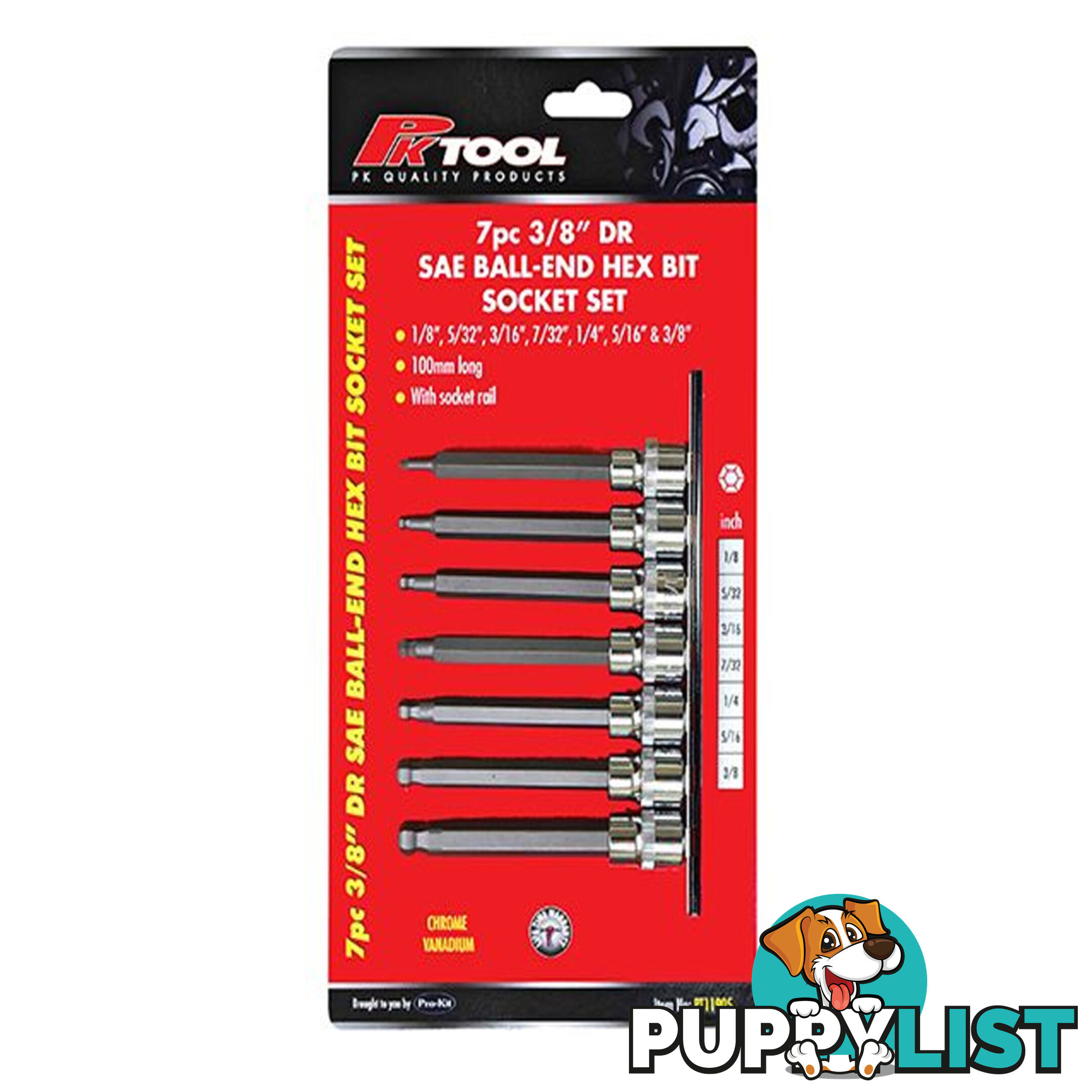 PK Tools 3/8 "dr  Ball End Hex Bit SAE Socket 7pc Set SKU - PT11905