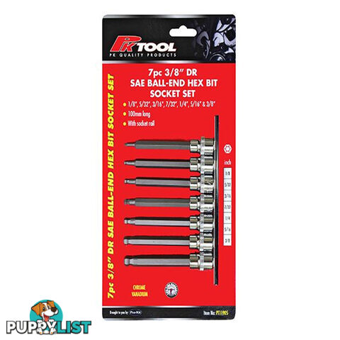 PK Tools 3/8 "dr  Ball End Hex Bit SAE Socket 7pc Set SKU - PT11905