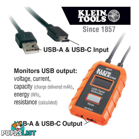 Klein USB Digital Meter USB-A USB-C LCD Display 3  - 20v DC SKU - ET920