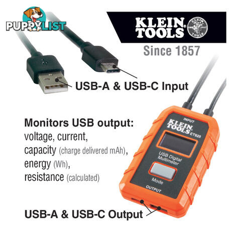 Klein USB Digital Meter USB-A USB-C LCD Display 3  - 20v DC SKU - ET920