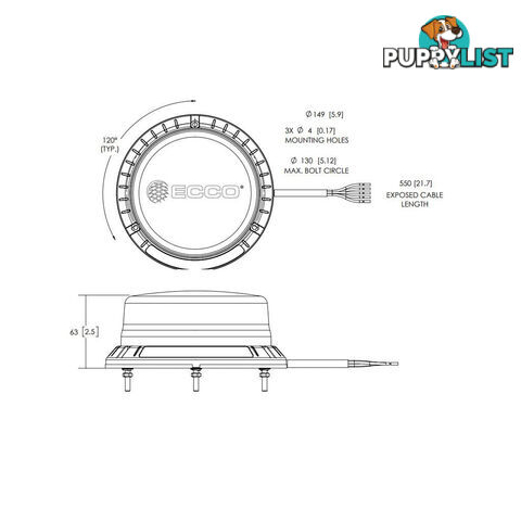 ECCO Low Profile LED Amber Beacon 10/24V 3-bolt fixed Mt.- 60w SKU - EB5102AA